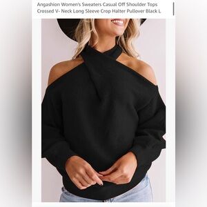 Black, Casual Off The Shoulder. Crossed V-Neck Long Sleeve Crop Halter Sweater.